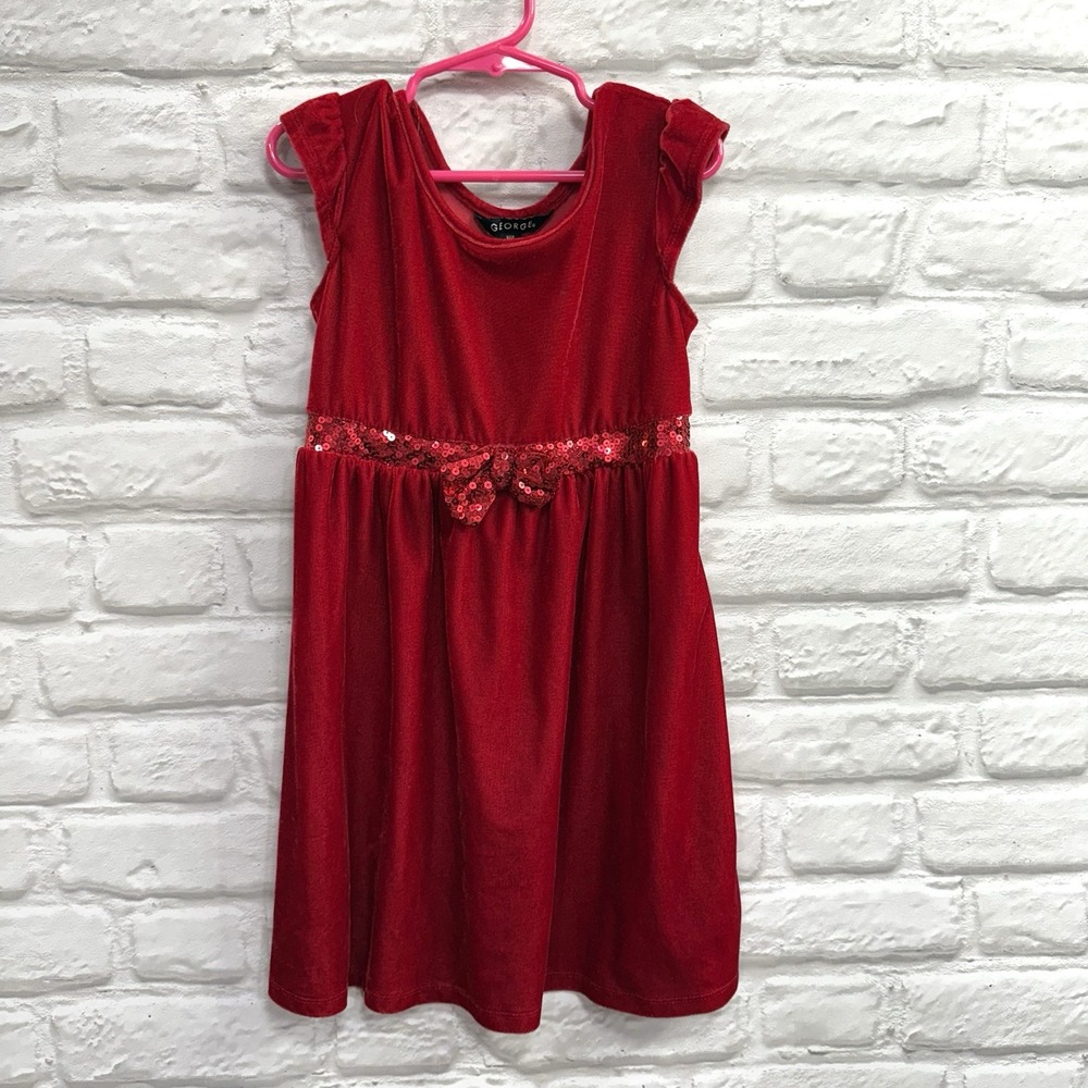 George Girls Size 6/6 Red Velvet & Sequin Christmas Holiday Dress Formal  w/ Bow